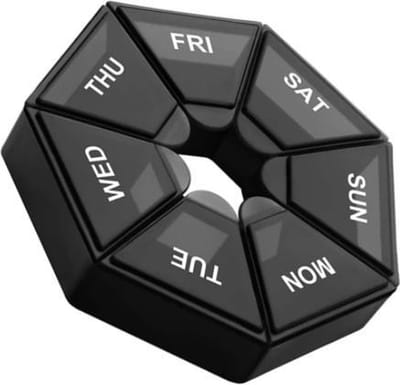 FSW-Products - Weekpillendoos - Zwart - Rond - Medicatiedoos - Pillenorganizer - Dagelijkse Medicatiebox - 7 Compartimenten - Pillenhulp - Weekdagen - Planner