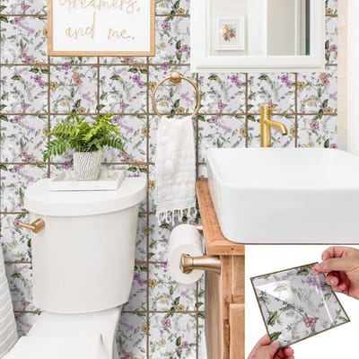 OmGoods - Dailygoody - Tegelstickers - Zelfklevend - 30 stuks - Paarse bloemen - Voor keuken en badkamer - Muurdecoratie - PVC