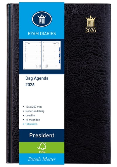 Ryam | Bureau agenda | President Wit NL Mundior | 2026 | Genaaid gebonden | 136 x 207 mm | 14 mnd | Zwart |