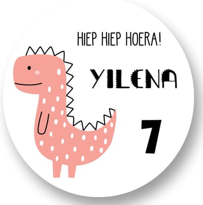20x Dino Roze Stickers met Naam en Leeftijd - Verjaardag Meisjes - Dino - Traktatiestickers met naam - Gepersonaliseerd - Sluitstickers - Kinderfeest Traktatie - Uitdelen - Uitdeeltraktatie - Wensetiket - Rond - 40mm - Glossy sticker
