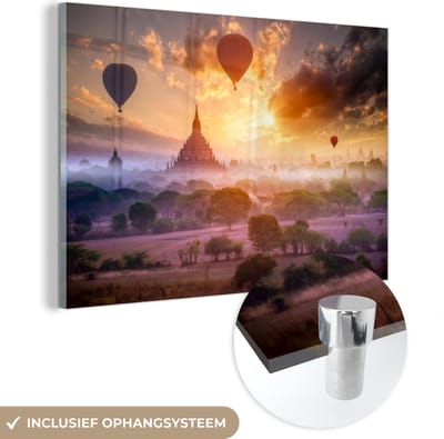 ® Glasschilderij 180x120 cm - Schilderij acrylglas - Luchtballonnen over Bagan in Myanmar - Foto op glas - Muurdecoratie woonkamer - Wanddecoratie slaapkamer - Schilderijen