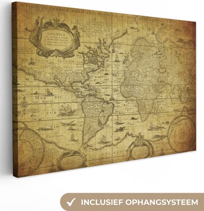 Canvas - Vintage - Wereldkaart - Geschiedenis - Canvasdoek - Schilderijen op canvas - Woonkamer - 120x80 - Muurdecoratie - Canvas schilderij - Kamerdecoratie - Slaapkamer - Wanddecoratie
