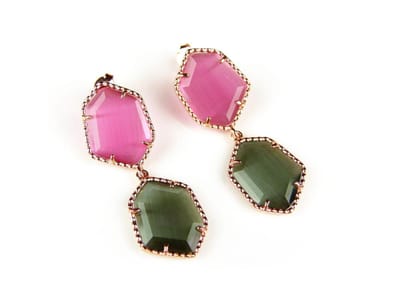 Zilveren oorringen oorbellen roos goud verguld Model Hexagon gezet met roze en grijs groene stenen