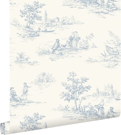 ESTAhome behang toile de jouy print lichtblauw en wit - 50 x 900 cm - 132109