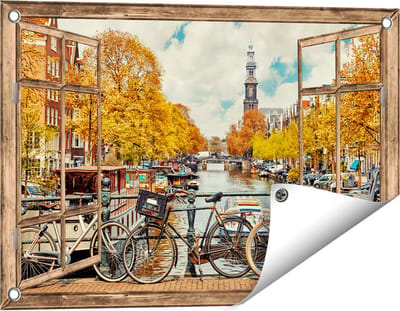 Gards Tuinposter Doorkijk Amsterdamse Brug bij een Brug met Fietsen - 60x40 cm - Tuindoek - Tuindecoratie - Wanddecoratie buiten - Tuinschilderij