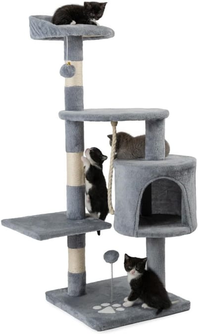 VIN® Krabpaal Voor Zware Katten – Grote & Stevige Krabpaal - Krabpaal Voor Grote Katten - Kat Toren – Krabton – Hoge Krabpaal 112 cm - XXL - Katten Verblijf Met 2 Plushe Ballen En Speeltouw – Krabtoren – Grijs