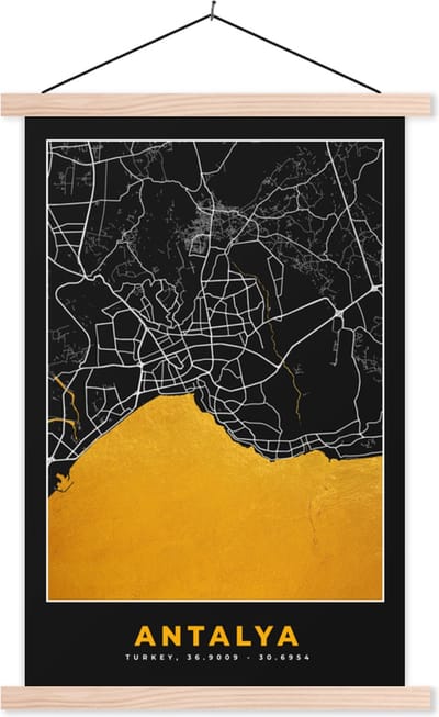 Posterhanger incl. Poster 40x60 cm - Schoolplaat - Antalya - Stadskaart - Plattegrond - Goud - Kaart - Textielposter - Blanke latten - Stadskaart