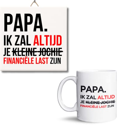 NietMokken.nl - Cadeauset – Papa, ik zal altijd je financiële last zijn – Mok + Tegeltje – Jochie-variant – Grappig cadeau Vaderdag – Keramiek – 325 ml mok + 15x15 cm tegel – Inclusief ophanghaakje