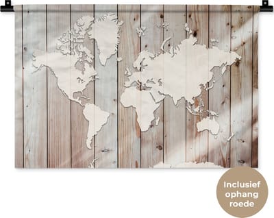 Wandkleed WereldkaartenKerst illustraties - Doorzichtig witte wereldkaart op een achtergrond van houten planken Wandkleed katoen 60x40 cm - Wandtapijt met foto