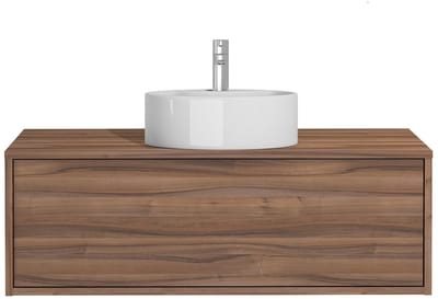 Vente-unique Donker naturelkleurig zwevend badkamermeubel met enkele ronde wastafel - 94 cm - TEANA II