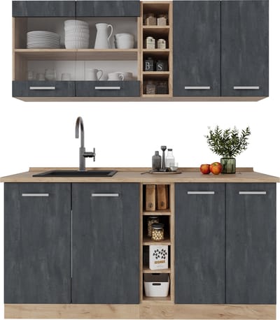 Vicco R-Line Eenpersoonskeuken – 160 cm zonder werkblad Zwart beton/goud eiken