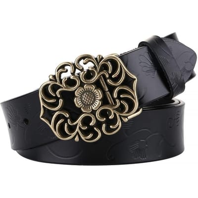 Dames Split Koeienhuid Brede Riem Vintage Bloemenreliëf, Antiek Holle Bloem Gesp, Voor Casual T-shirts Jeans 115CM zwart