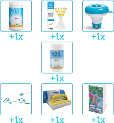 Zwembad Onderhoudspakket - Onderhoud Zwembad - bevat Chloor - Testrips - Chloordrijver - Chloor - Schoonmaakset - Scrubborstel en Zwembadgids (7-delig)
