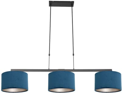 Zwarte 3-lichts hanglamp Stang 3464ZW met blauw velours kappen, metaal, hoogte instelbaar, Steinhauer, landelijk stijl