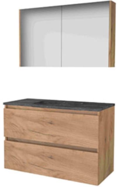 Basic-Line Comfort 46 Badkamermeubelset - 100 x 46 cm - Greeploos - 2 Lades - Hardstenen Wastafel - Zonder Kraangat - Spiegelkast - Whisky Oak