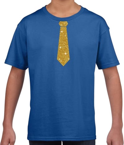 Verkleedkleding t-shirt - blauw - met kleine Stropdas - goud glitters - voor kinderen - carnaval 110/116