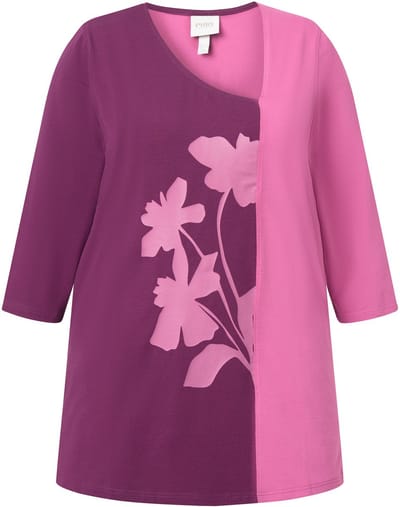 Ulla Popken - Dames - Shirt bloemen V-hals 3/4-mouwen biologisch katoen - Bosbes - Maat 42+