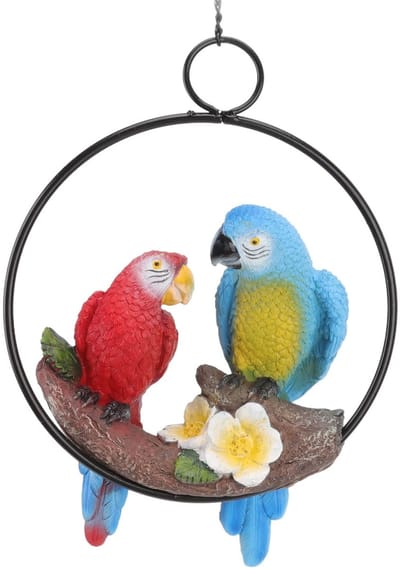 Dailygoods- Papegaai Decoratie - Hangende IJzeren Ring - Hars Ornament - 40 cm - Tuindecoratie - Rood Blauw Ara - Kunsthars en IJzer