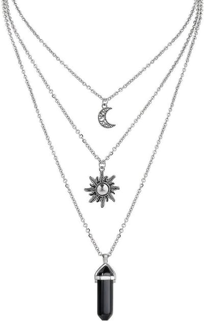 Zwarte Kristallen Ketting met Zon en Maan - 3-in-1 Gelaagde Heksenjuwelen voor Vrouwen, Perfect voor Y2K Outfits en Bohemian Stijl