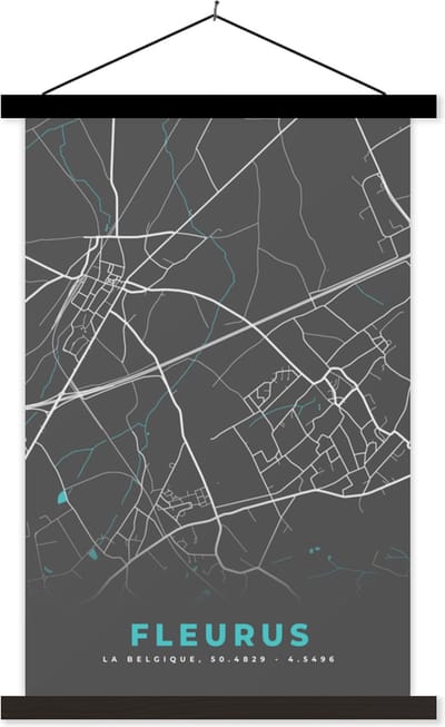 Posterhanger incl. Poster 40x60 cm - Schoolplaat - Plattegrond – Fleurus – Blauw – Stadskaart - Kaart - België - Textielposter - Zwarte latten - Stadskaart