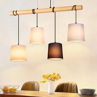 NETTLIFE Hanglamp vintage hout - 4xE27 - wit - metaal - stoffen kap - eetkamerlamp voor cafés woonkamer-excl. lichtbron