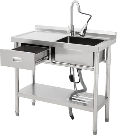 RVS spoelbak voor bedrijfskoken 99 x 50 x 94cm - vrijstaand met lade, onderblad en kraan - lade links