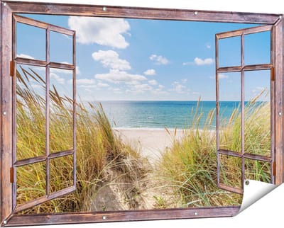 Gards Tuinposter Doorkijk Strand en Zee vanuit Duinen - 150x100 cm - Tuindoek - Tuindecoratie - Wanddecoratie buiten - Tuinschilderij