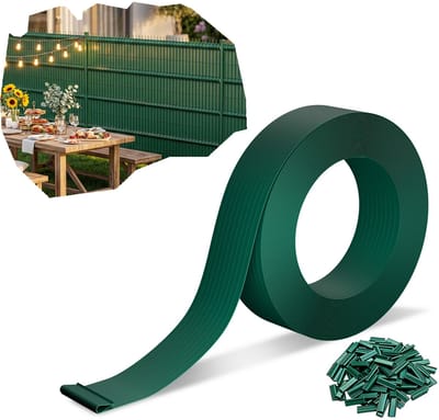 Froadp Groen 105 m premium PVC-privacystroken 4,7 cm voor dubbelstaafhekken, weerbestendig, UV-bestendig, scheurvast, ondoorzichtige windscherm voor tuin, balkon en terras, inclusief clips