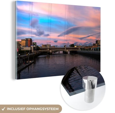 ® Glasschilderij 180x120 cm - Schilderij acrylglas - Zonsondergang - Roze - Glasgow - Foto op glas - Muurdecoratie woonkamer - Wanddecoratie slaapkamer - Schilderijen