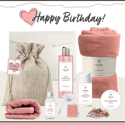 Geschenkset “Happy Birthday!” - 8 producten - 1240 gram - Triomf Cosmetica | Giftset voor haar Cadeau Valentijnsdag Luxe wellness cadeaubox Vrouw Cadeaupakket Kerst Geschenk Pakket Verjaardag Gift Valentijn Vriendin Roze