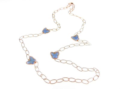 Zilveren halsketting halssnoer collier roos goud verguld Model Butterfly met licht blauwe stenen