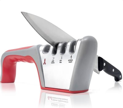 PromoHome Premium Messenslijper met 4 Slijpniveaus - Professionele Handmatige Keukenslijper voor Messen en Scharen met Antislip Handvat en Rubberen Steunpunten - Zilverkleurig