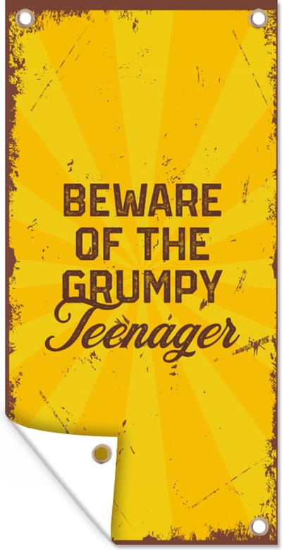 Schuttingposter Kinderen - Quotes - Vintage - Beware of the grumpy teenager - 100x200 cm - Tuindoek