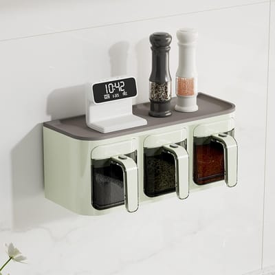 WMMO Boîte Organisateur d'Assaisonnements Murale Lot de 3 Salières Étagère à Épices Boîte de Rangement Compartimentée Sucrier Pot Avec Cuillères Pour la Maison