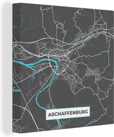 Canvas Schilderij Plattegrond – Aschaffenburg – Blauw – Stadskaart – Kaart - Duitsland - 20x20 cm - Wanddecoratie