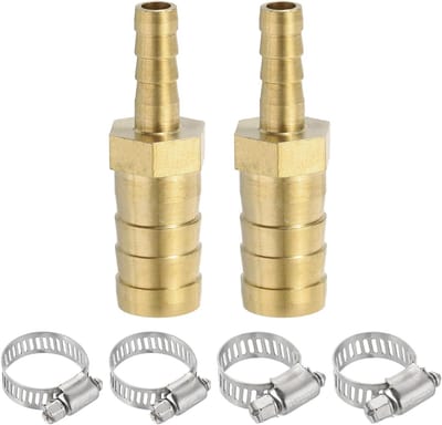 1/4" tot 1/2" Messing slangpilaar reducer, 2 stuks slangkoppelingen met 4 roestvrijstalen klemmen, reducerende splicer, mender, unie-adapter voor lucht, water, brandstof