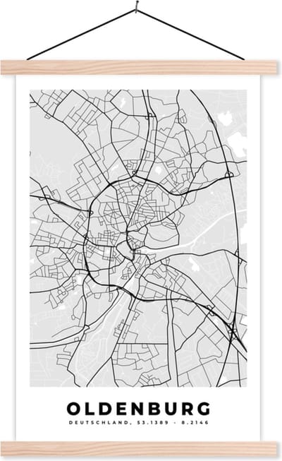 Posterhanger incl. Poster 40x60 cm - Schoolplaat - Stadskaart - Plattegrond - Oldenburg - Kaart - Duitsland - Textielposter - Blanke latten - Stadskaart