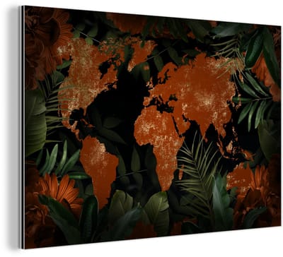 Aluminium schilderij 180x120 cm - Wanddecoratie metaal - Wereldkaart - Goud - Planten - Metalen muurdecoratie woonkamer - Decoratie industrieel - Foto op dibond - Industriële accessoires slaapkamer