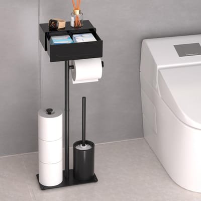 Vrijstaande toiletpapierhouder met toiletborstel en natte doekjesbox voor optimale badkamerorganisatie, inclusief opbergplank en multifunctionele accessoires
