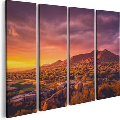 Artaza Canvas Schilderij Vierluik Woestijn Landschap Met Zonsondergang  - 80x60 - Foto Op Canvas - Canvas Print