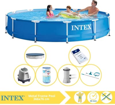 Intex Rond Frame Zwembad - 366 x 76 cm - Blauw - Inclusief Afdekzeil - Zwembadfilterpomp - Filter - Schoonmaakset - Zoutwatersysteem - Zwembadzout - 7-delig