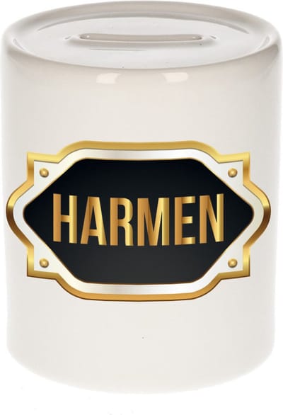 Spaarpot met voornaam Harmen - wit - met goud/zwart embleem - 8 x 9 cm - keramiek - met afsluitdop - cadeau verjaardag