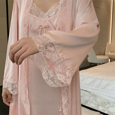 Sexy Sling Nachthemd 2-delig Intieme Lingerie Bruid Bruiloft Badjas Wit Lange Badjas Set Elegant Huispak Dame Kant Kimono Badjas M gray