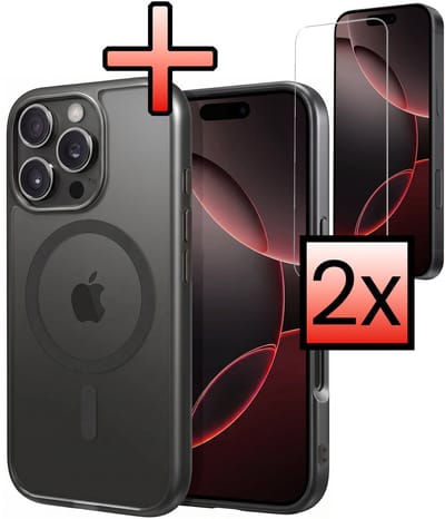 Hoesje - Met 2x Screenprotector - Geschikt voor Apple iPhone 16 Pro - Magsafe Compatible - Sterk & Shockproof - Back Cover - Shock Proof Case - Telefoon Hoes - Zwart