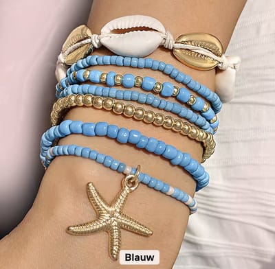 12Getit Enkelbandje - Armbandje met blauwe kralen schelpen en zeester