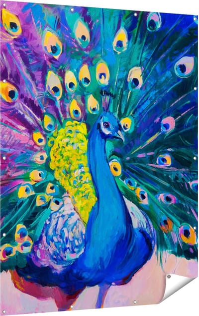 Gards Tuinposter Pauw met Kleurrijke Veren van Olieverf - Abstract - 120x160 cm - Tuindoek - Tuindecoratie - Wanddecoratie buiten - Tuinschilderij