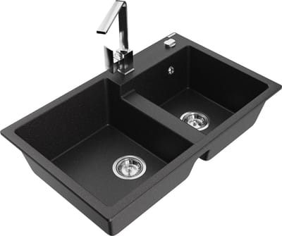 Mexen Tomas granieten gootsteen met 2 kamers en Rita keukenkraan, zwart/zilver metallic - 6516-73-670300-00