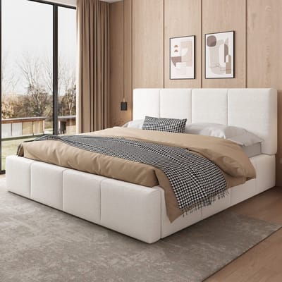 Sweiko Tweepersoonsbed - 180 x 200 cm - Gestoffeerd hoofdeinde - Bouclé-stof - Beige