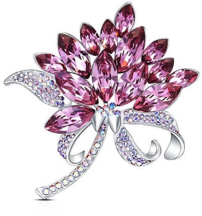 Bloem Broche Zilver Met Paarse Kristal