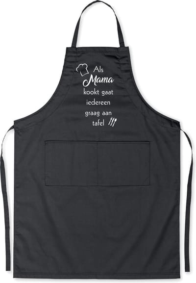 mijncadeautje - luxe schort - zwart - Als mama kookt, gaat iedereen graag aan tafel - opdruk wit